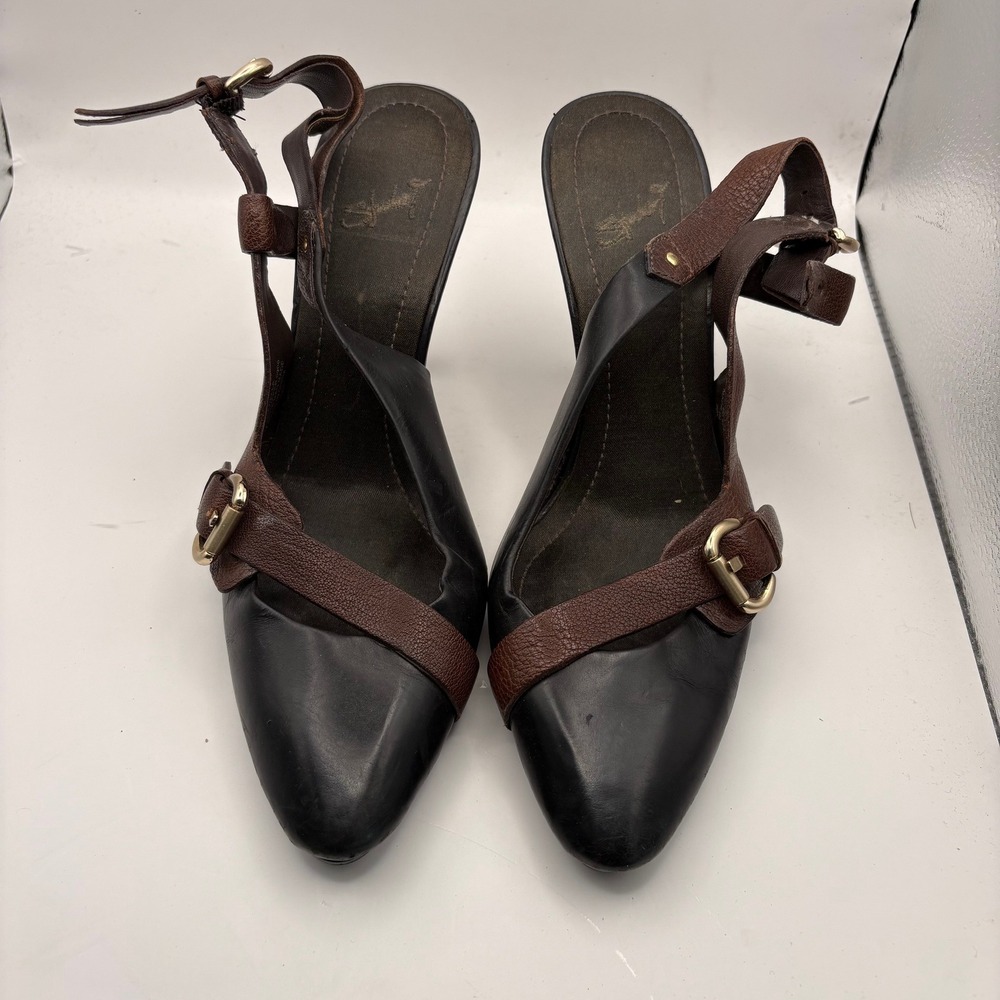 Studio 9 Womens Black Brown Leather Buckle Slingback Pointed Toe Heels Size 7M